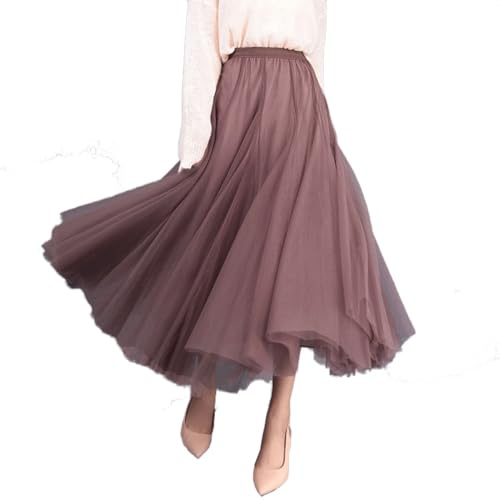 Tyllkjol dam A-linje elastisk hög midja midikjol mesh stor fåll lång kjol elegant veckad kjol sommarkjol, BRUN, one size