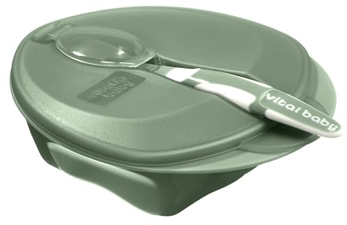 Vital Baby Nourish Weaning Bowl with Lid & Spoon 6m+, Green, Food Mashing Zones, Soft Spoon Tip, EarthSmart Biodegradable, BPA-Free & Portable with Hygienic Spoon Cover