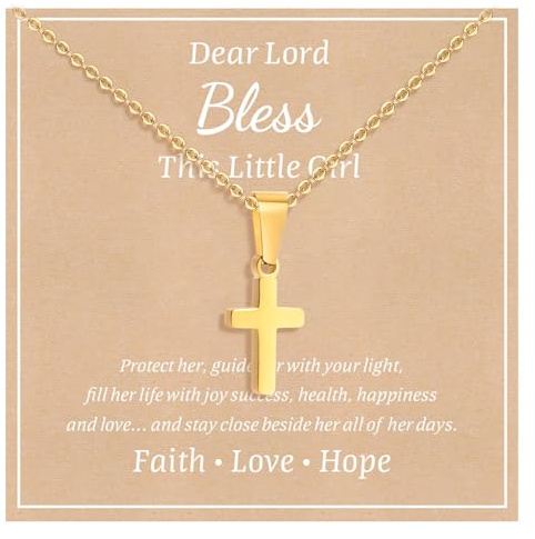 XUANPAI Stainless Steel Cross Necklace for Boys Girls - Silver Gold Cross Chain Necklace, First Holy Communion Confirmation Baptism Gifts, Christening Gift for Teenage Kid Son Nephew Toddler