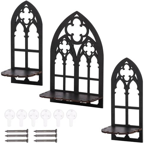 BAODBF 3 Pcs Crystal Display Shelf Window Shaped Floating Shelves Gothic Crystal Shelf Lightweight Wall Candle Sconces Decorative Wall Candle Holder for Wall Decor Home Decor Black(3,black)