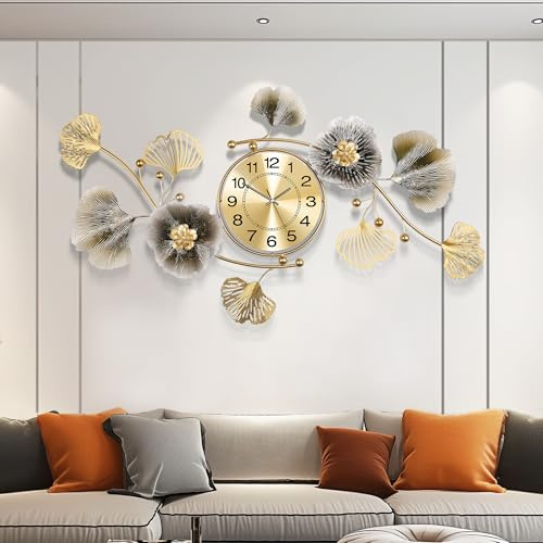 Blissio Orologi per Soggiorno, Grande Orologio da Parete, Orologio da Parete Silenzioso 3D, Design di Foglie di Ginkgo in Metallo Retrò, Decorazioni Murali per Soggiorno (Colore Del Caffè, 91cm)