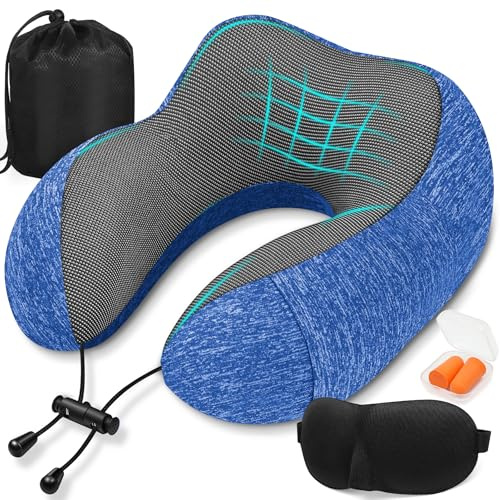 SOMLAW Oreiller de Voyage en Mousse à Mémoire de Forme, Coussin de Nuque pour Voyage, Confortable Coussin Voyage Ergonomique, Support de Nuque orthopédique pour Voyages, Voiture, Avion (Bleu)