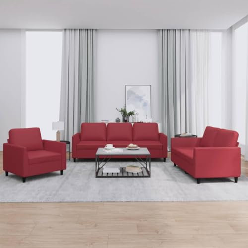 Gecheer 3-TLG.Sofagarnitur Sessel Couch mit Kissen Sofa,Fernsehsessel, Couch Garnitur Sofa Set,Relaxsofa,Loungesofa, Wohnzimmersofa Designsofa Sitzmöbel Polstermöbel Weinrot Kunstleder