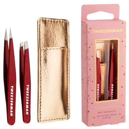 TWEEZERMAN Mini-Pinzetten-Set (Augenbrauen-Pinzetten für präzises zupfen mit Lederhülle), Vintage Rose