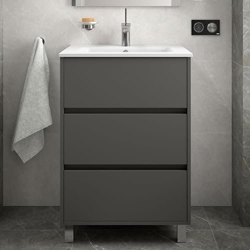 Yellowshop | Mobile Bagno 60 cm da Terra ARENYS con Lavabo in Ceramica, 3 Cassetti Soft Close, Design Moderno (Mobile con Lavabo, Grigio Opaco)