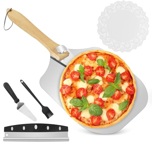ICEBLUEOR Lot de 4 pelles à pizza de 30,5 cm, spatule à pizza en aluminium avec roulette à pizza et brosse en silicone, accessoires de four à pizza pliables avec poignée amovible pour pizza, pain