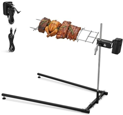 Onlyfire Edelstahl Spanferkelgrill Grillspieß mit Ständer für Feuerschale | Höhenverstellbarer Drehspieß Spießgrill für Feuerstelle Lagerfeuer und Holzkohlegril, Batteriemotor mit USB und Netzteil