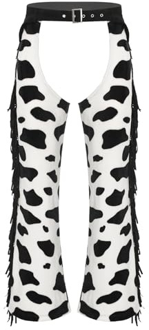Eandarui Mens Western Cowboy Chaps Cow Print Flannel Tassel Hollow Crotch Adjustable Waist Pants Black White M