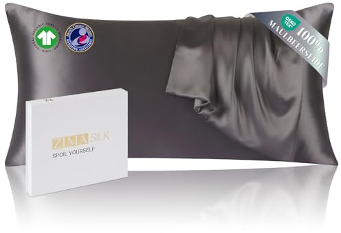 ZIMASILK Seidenkissenbezug 40x80 cm | 100% Pure 22 Momme Maulbeerseide | Oeko-TEX® Zertifiziert | Höchste Güteklasse 6A Seide, beidseitig glatt für Haut & Haare, 1 Stück, Graphitgrau