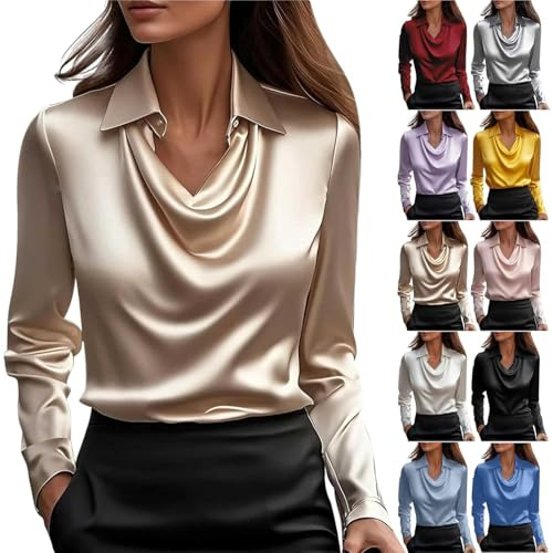 Camicette Eleganti Casual da Lavoro in Raso da Donna, Top da Ufficio a Maniche Lunghe Larghe, Camicie da Lavoro in Raso a Maniche Lunghe con Scollo a Cappuccio e Top da Ufficio (Khaki,L)