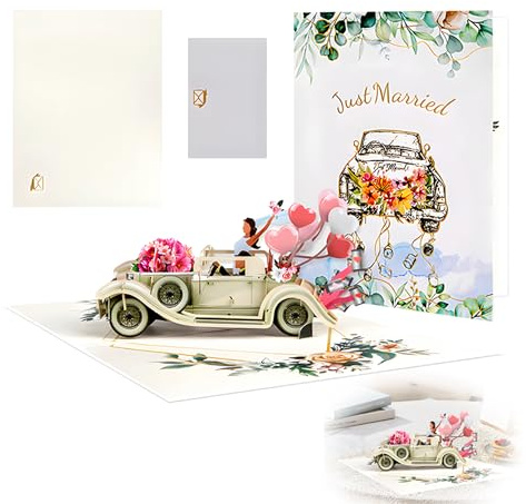 Tarjeta emergente de coche de boda, tarjeta de boda 3D con coche con sobre para pareja de novios, elegante tarjeta de felicitación hecha a mano para regalo felicitaciones San Valentín