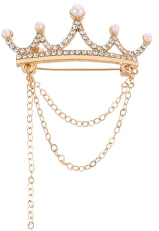 Healeved Broche de corona con perlas y diamantes de imitación, accesorio decorativo para camisa para mujeres y hombres, joyería de boda y festividad, insignia de metal brillante