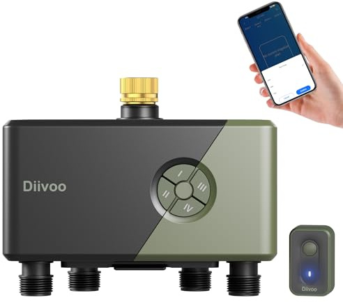 Diivoo Programador Riego WiFi 4 Zonas con Entrada de Latón, Temporizador de Riego Compatible con Alexa/Google Assistant, 24 Programas de Riego, Riego Automático WiFi para Jardín y Céspedes