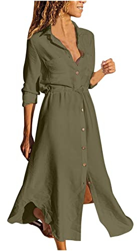 HAOLEI Vestiti Lino Donna Lunghi Maniche Lunghe Casual Abito Camicia Lino Maxi Elegante Vestiti Estivi Cotone Spiaggia Mare Boho con Tasche per la Primavera e L'Estate Confortevole e Traspirante