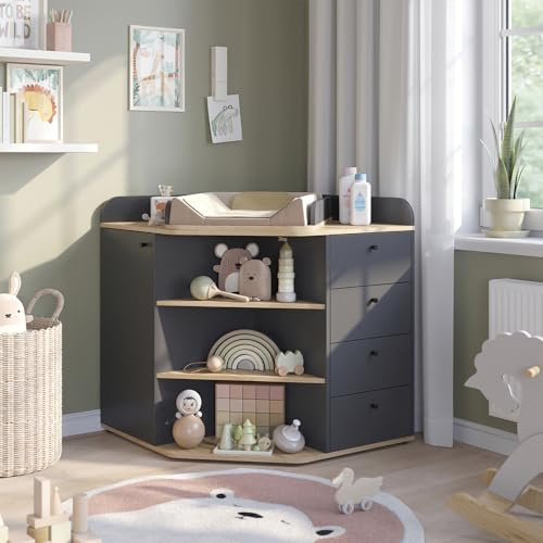 Vicco Cambiador Aria, Antracita, 85 x 90 cm con estantes y 4 cajones, Apto como estación de Cambio para bebés y niños pequeños