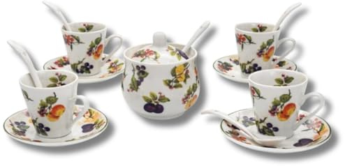 LEONARDO LUXURY HOME DESIGN Set 4 Tazzine da caffè con Piattini Cucchiaini e Zuccheriera Porcellana Decorata Frutta Elegante Idea Regalo (4TazzeFrutta+Zuccheriera)