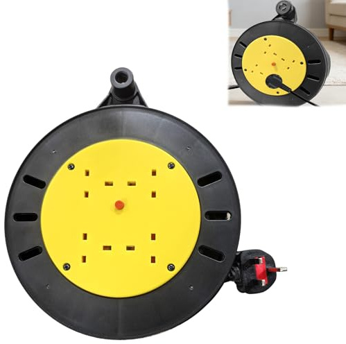Extension Lead Cable Reel, 10m Power Cable Reel Heavy Duty 4 Socket Cord Reel UK Plug Socket with Thermal Cut-Out Protection, Outdoor Extension Lead for DIY, Workshop, Garden, Home Use