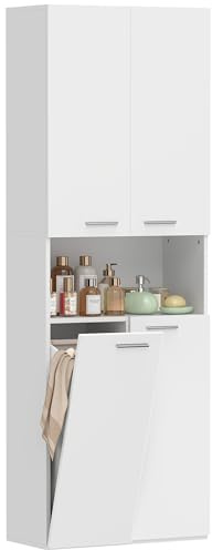 HOMCOM Mobile Bagno Alto con Cesto Portabiancheria 60x30x174 cm Bianco