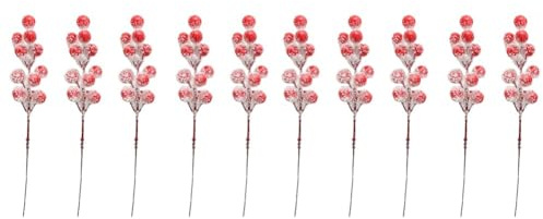 EasyByMall Confezione da 10 rami di bacche di agrifoglio artificiali, 22,5 cm, bacche finte rosse con decorazione fiocco di neve, per ghirlande natalizie, feste in casa e composizioni floreali fai da