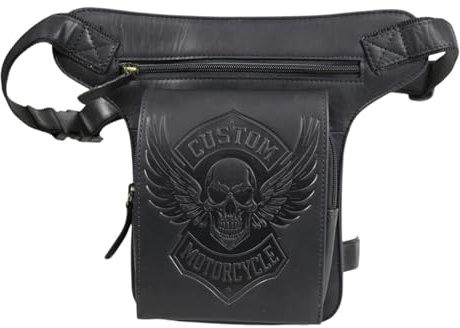 Biker benväska herr läder, motorcykel höftväska vintage, droppbenväska med lårrem, anpassad dödskalle design, Slät svart, Einheitsgröße, Motorcykel benväska läder i vintage bikerstil