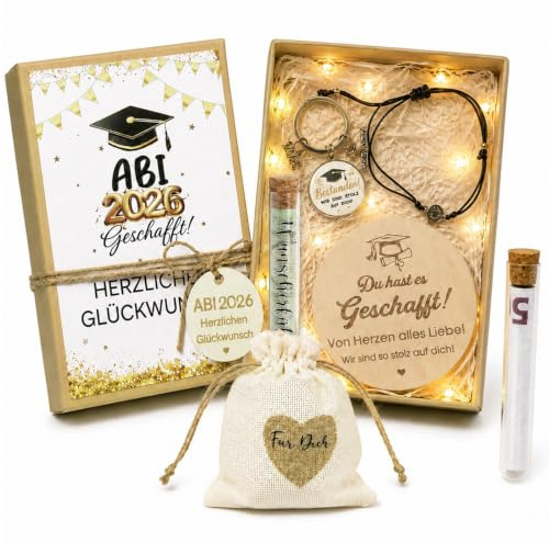 ABI 2026 Abschluss Deko Geschenkbox, Inklusive Geschenkbox ABI Geschafft Grußkarte du hast es Geschafft Wunscherfüller Reagenzglas Schlüsselanhänger Armband 2026 ABI Bachelor Abschlussgeschenk