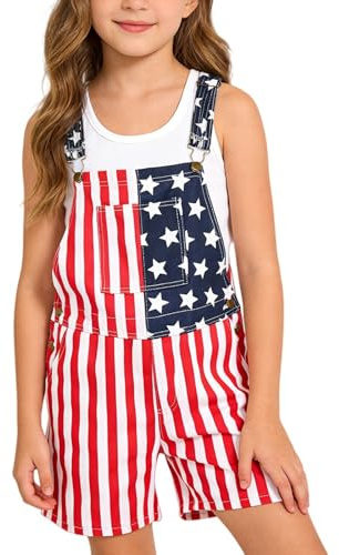 Boys Girls America Flag Denim Bib Overalls Shorts Independence Day Adjustable Straps Shortalls Denim Bib Dungarees Kids 250th Anniversary Jumpsuits Romper USA 4th of July Outfit (Red, 11-12 Years)