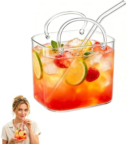 AUOQZ Purse Drinking Glass Cup with Straw Cute Unique Funky Personalised Cocktail Glasses for Women Parties Large Novelty Handbag Shaped Cocktail Glass Cups for Juice Tea Beverages Flowers (26oz)