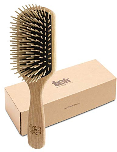 TEK- Brosse à Palette à Longs Picots en Bois de Frêne, Fabriqué à la Main en Italie, pour Cheveux Longs, Très Longs, Épais et Lisses - 22 x 6.5 cm