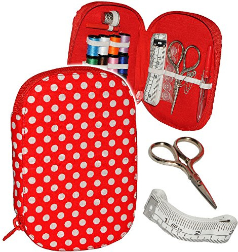 alles-meine.de GmbH 29 TLG. Set - gefülltes Reiseetui/Näh-Etui - mit Schere & Zubehör - Punkte weiß/rot - Grundausstattung - für zu Hause & die Reise Nadeletui/Nähset -..