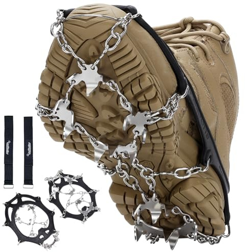 Crampons 19 Spikes with Stainless Steel Chain Ice Snow Grips Traction Cleats System Safe Protect for Walking, Jogging, Climbing, Hiking on Snow and Ice, Boots Chains for Women Men (Black, X-Large)