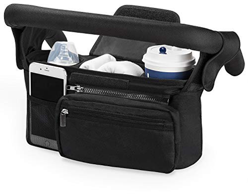 Kinderwagen Organizer Universal mit Isolierten Getränkehalter/Becherhalter, Momcozy Buggy Kinderwagentasche Baby Zubehör mit Reißverschlusstasche, Schultergurt und Stauraum für Windeln&Handys, Schwarz