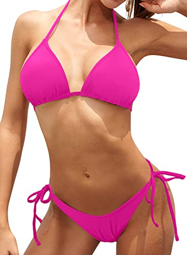SHEKINI Damen Bikinis Set Klassischer Verstellbarer Triangel Bikinioberteil Sexy Rückenfrei Badeanzug Schnürung Bikinihose Strandbikini für Frauen（Fluoreszierendes Rosa，S）