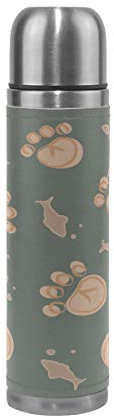 BEUSS Fußabdruck Fisch Wasserflasche Wasserkanne Edelstahl Isolierte Isolierflasche Auslaufsicher Leder Verpackung(500 ml)