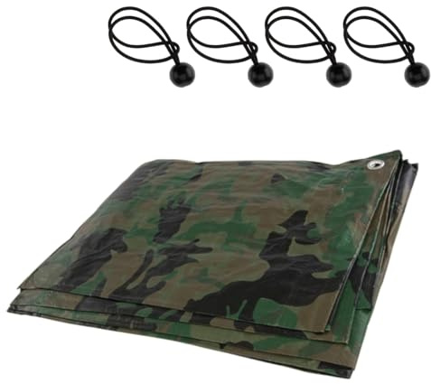Camo Tarpaulin 2 x 2 m Waterproof Tarp Sheet - 85 GSM PE Cover with 4 Ball Bungees, Reinforced Eyelets - Heavy Duty Groundsheet for Camping, Garden, Wood, Bike, Tools, Building, Outdoor Use