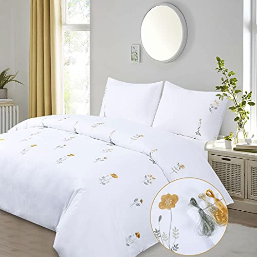 Floral Duvet Cover Set Double Bed White Yellow Flower Embroidered Girls