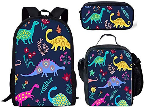 Binienty 3-in-1-Rucksack mit Lunchtasche und Federmäppchen für Kinder, Jungen, Mädchen, Schulschulranzen, Cartoon Dinosaurier, Einheitsgröße,
