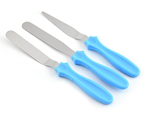 SHULLIN 3 Stück Spachtel Winkelpalette Set für Torte Edelstahl Streichpaletten Streichmesser Tortenmesser Gerade Spatel Spatula Set für Fondant Torte Kuchen Backen Kuchen Dekorieren（Blau）