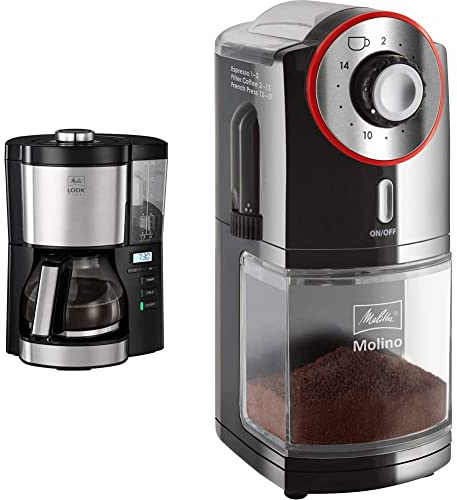 Melitta Machine à café filtre, modèle de minuterie Look V, numéro de modèle 1025-08, acier inoxydable, noir & Molino, Noir/Rouge, 1019-01, Moulin à Café Électrique, Broyeur à Meule Plate