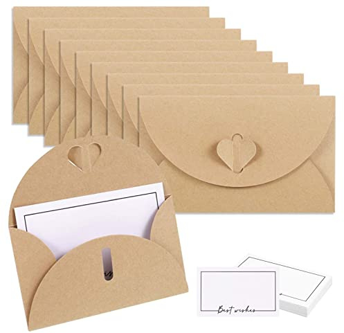 Metagio 30 Mini Kraftpapier Umschläge Mit Blankokarten Herzverschluss | Hochwertiges Kraftpapier ideal für persönliche Botschaften geeignet für Glückwünsche Geburtstage und Festlichkeiten