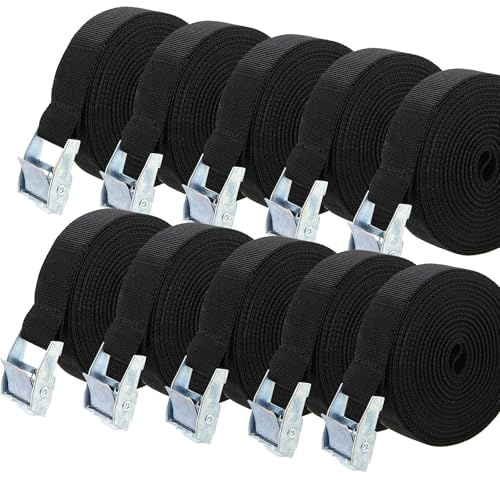 HAKZEON 10 Pack 3m x 25mm Tie Down Lashing Straps, Adjustable Tensioning Belts, Cam Buckle Securing Straps for Bicycle Carrier Cargo Trailer Car Luggage, Black