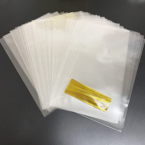 100 Cellophantüten Klar, Süßigkeiten Tütchen Transparent 15 x 25 cm mit 100 Metallischen Bindebaender für Süßigkeiten Mitgebsel Kindergeburtstag Gastgeschenke
