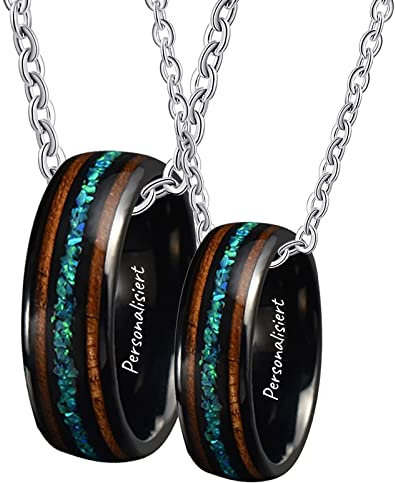 KnSam Pärchen Halskette 2 Teilig, Edelstahl Anhänger Ringe 8mm Opal Holz Partner Kette Schwarz, Herrenkette 60cm, Damenkette 50cm, Größe 54 & 62