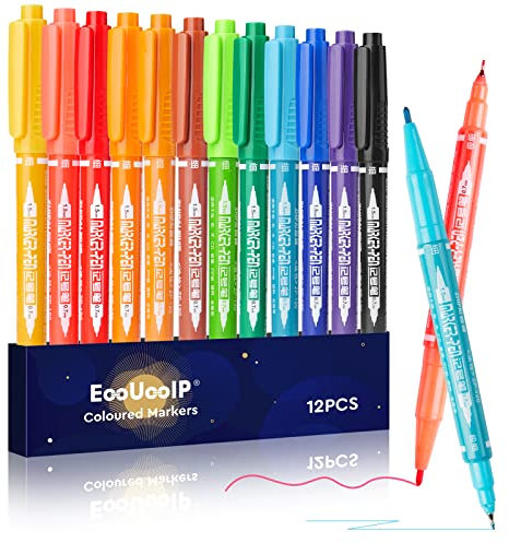 EooUooIP Permanent Marker, Dual Tips Farbige Marker,12 Farben Wasserfeste Stifte set,Permanent Art Marker für Plastik, Stein und Glas zum Bemalen, Färben und Markieren geeignet