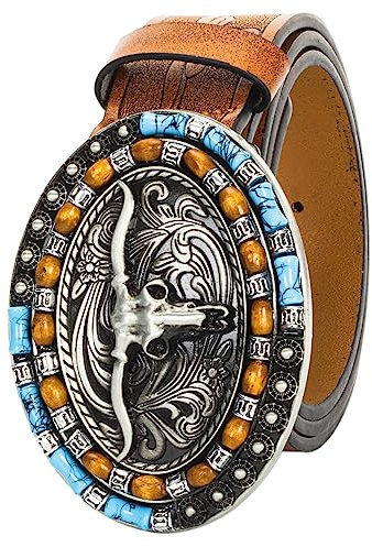KorhLeoh Cinturón con hebilla de vaquero de cuero occidental para hombres, mujeres, jeans, grabado floral, cinturón con hebilla Longhorn Bull Texas (cintura de 69-104 cm)