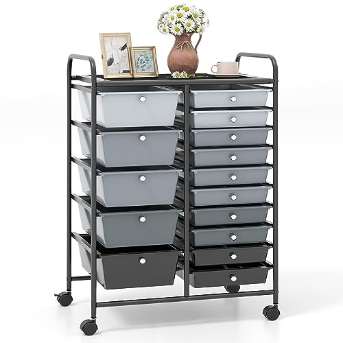 COSTWAY Rollwagen mit 15 stapelbaren Schubladen, Grau-schwarz | Rollcontainer mit Metallgestell & Ablagefläche, Badrollwagen Aufbewahrungswagen für Büro, Wohnzimmer, 62,5 x 37 x 87 cm