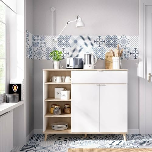 Dmora - Buffet Sumbra, Buffet Garde-Manger de Salon, Buffet de Salon Moderne avec 2 Portes, 120x40h102 cm, Blanc et Chêne