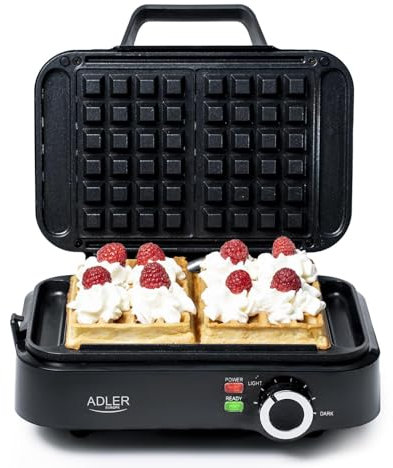 Adler Europe - Gofrera doble pequeña 2000W - Nivel de calentamiento ajustable - Dos gofres clásicos a la vez - Revestimiento antiadherente - 2 luces indicadoras - Placas de gofres profundas