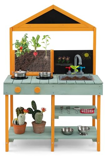 RELAX4LIFE Cucina Giocattolo da Esterno per Bambini, Set da Cucina in Legno con Fornello, Lavagna, Rubinetto, Fioriera Trasparente, Regalo Perfetto per Bambini dai 3 ai 7 Anni (Verde)