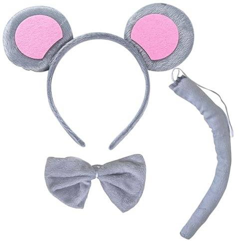 XNBTFK Mouse Ears Ratatouille Headband Animal Costume Set, Animal Ears Mouse Nose Tail Pink Bow Tie Ears Headband Set, Kids Halloween Carnival Birthday Party Costume Accessories
