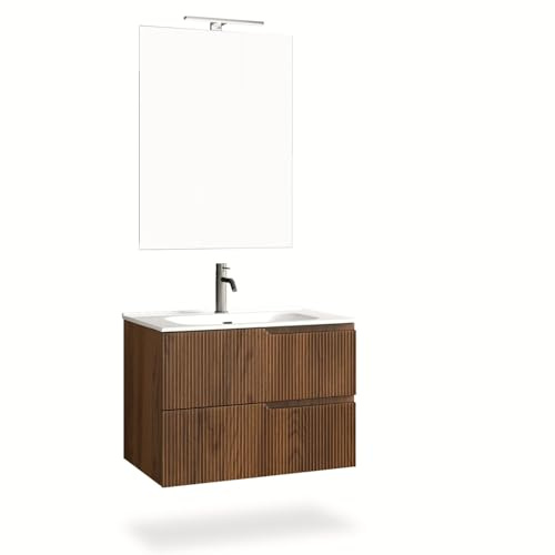 AQA DESIGN mobile bagno composizione 4 pezzi, mobile bagno con lavabo, base sospesa con frontali in MDF cannettato, set mobili bagno nr2 cassetti - Rovere - 61x46,5x190 cm